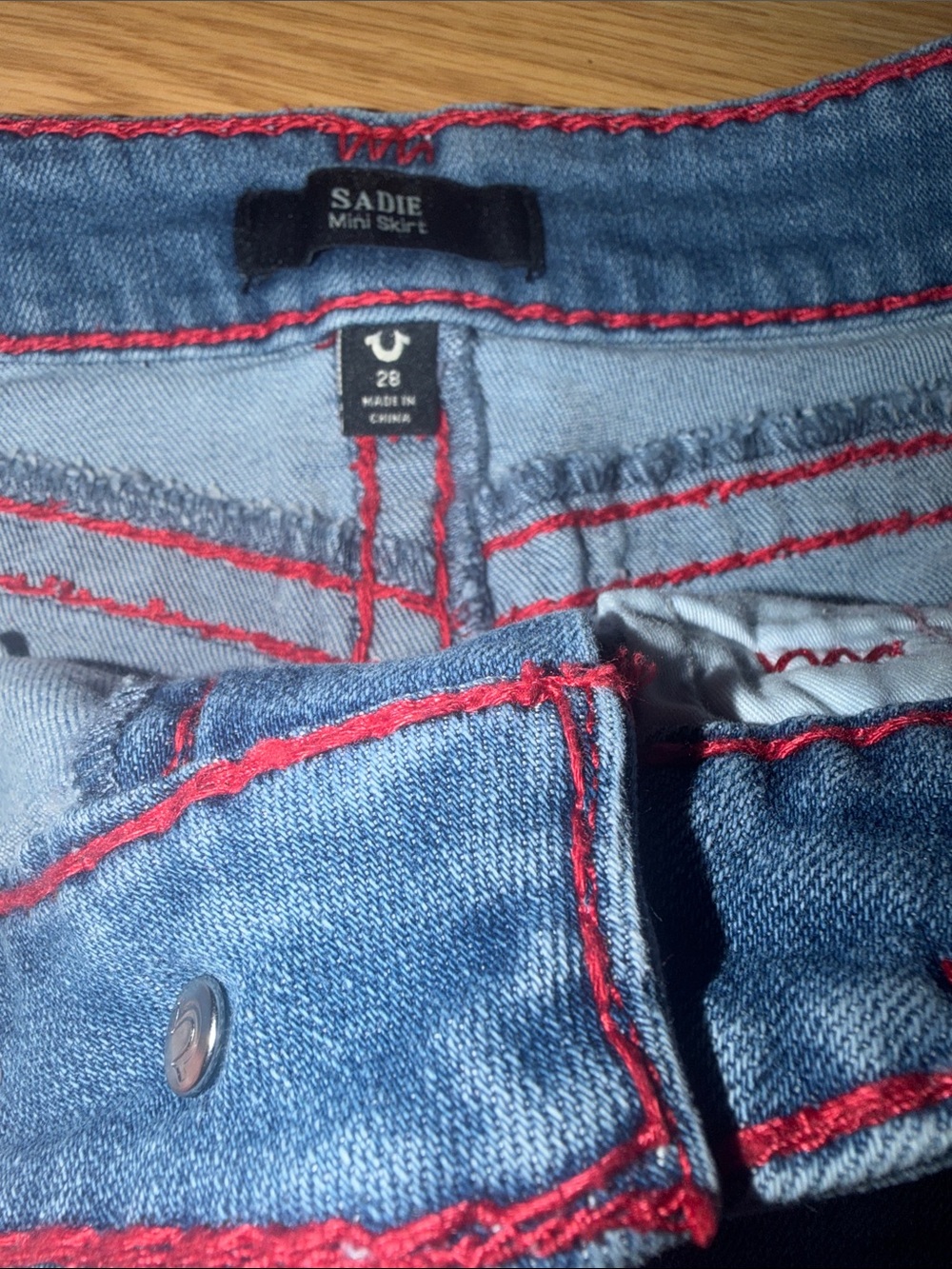 Denim Mini Skirt with Red Contrast Stitching